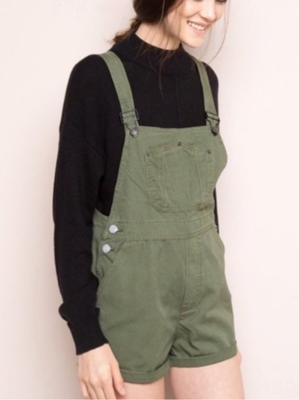 Brandy Melville Olive Green Denim Short Overalls